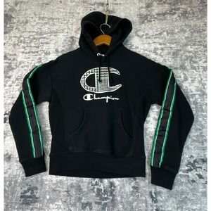 Champion Reverse Weave Hoodie Black Green Houndstooth Logo Mens Size L